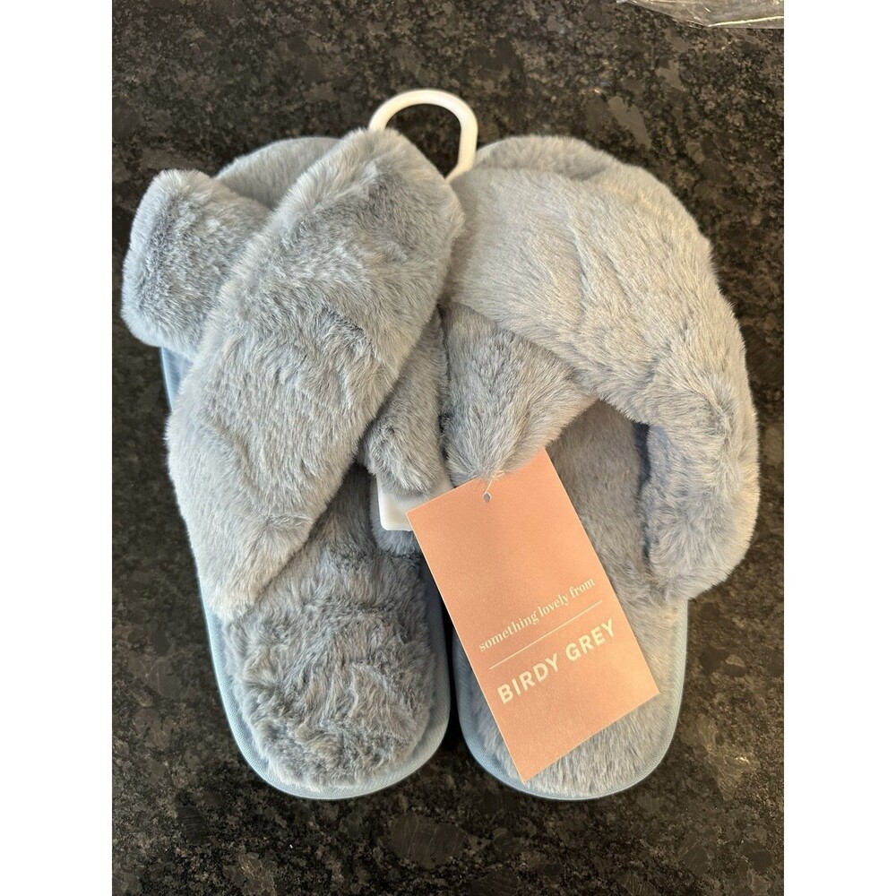 Birdy Grey S/M Women’s Open Toe Slippers Blue Comfort Fuzzy Bridal Party